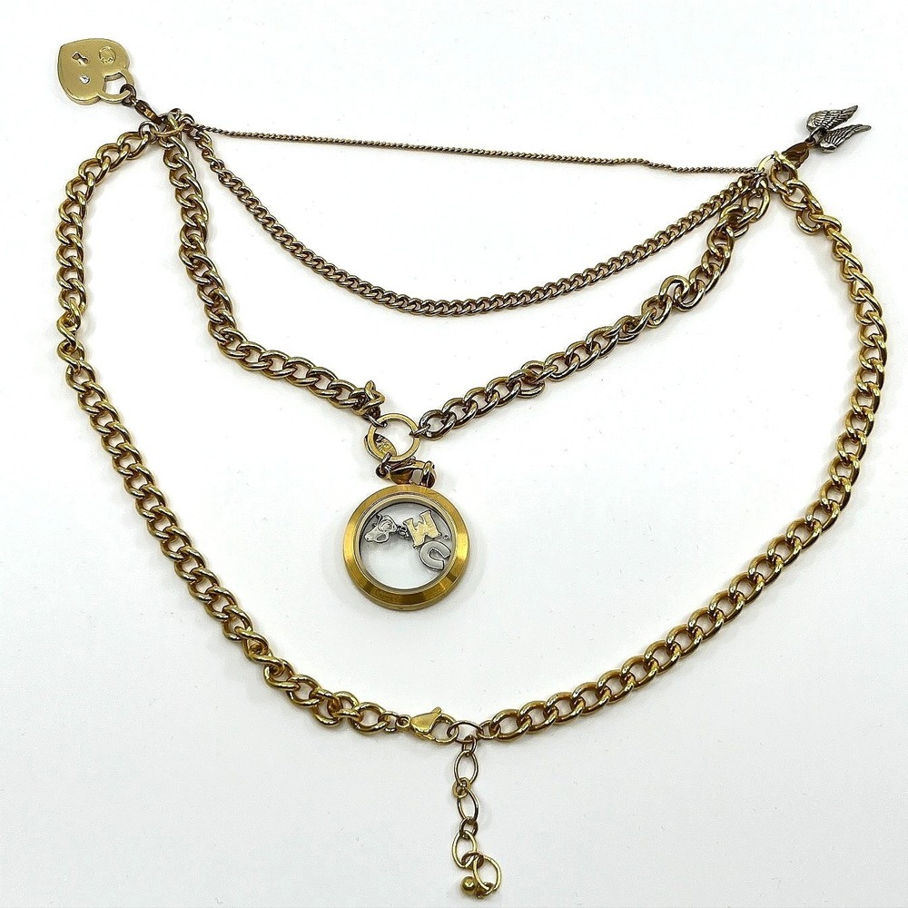 Vintage Origami‎ Owl Gold Layered Charm Locket Necklace Heart Lock Wing Accents